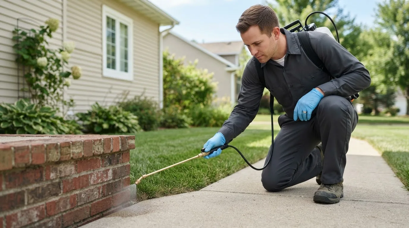 Pest control technician treating a home near Umbarger, TX