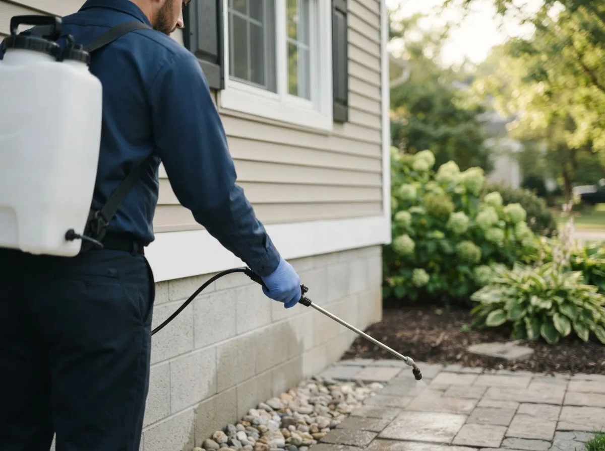Pest control technician inspecting a home in Umbarger, TX